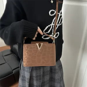 Fashionable leopard print small square handbag for women with gold V buckle and crossbody strap