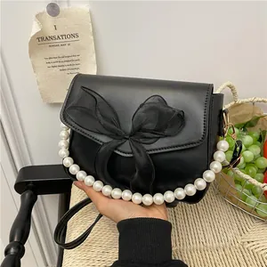 Fashion PU Leather Artificial Pearl Chain Crossbody Bag For Women Mesh Bow Small Square Shoulder Handbag Daily Party Elegant Purse