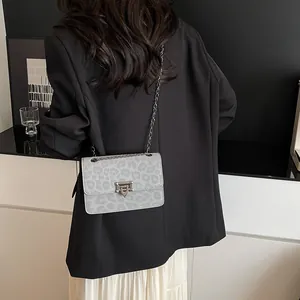 Minimalist leopard print chain crossbody bag for women with silver metal clasp