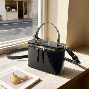 Women Patent Leather Box Bag Minimalist Retro Vanity Handbag With Gold Zipper Glossy Shoulder Crossbody Bag Square Daily Purse