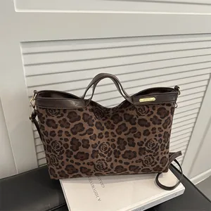 Sac Fourre-tout Femme en Suède Imprimé Léopard Rose Sac à Main Vintage Grande Capacité Sac à Bandoulière Épissage Cuir PU