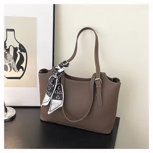 Women Large Capacity Litchi Pattern PU Leather Tote Bag Minimalism Shoulder Bag With Satin Scarf For Office Commute Daily