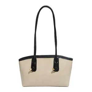 Retro contrast large tote bag in beige suede and black leather with gold metal details