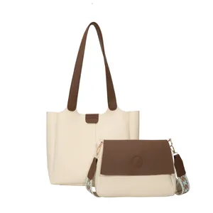 Retro cream and brown large tote bag set with geometric woven embroidery strap