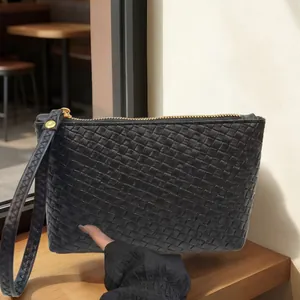 Fashion Woven PU Leather Clutch Bag For Men And Women Business Large Capacity Envelope Wristlet Pouch Zipper Handheld Handbag