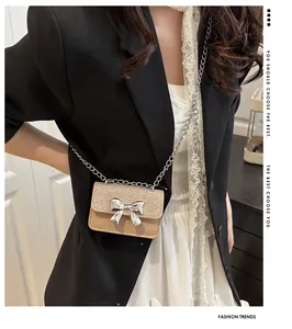 Detail of a beige mini bag featuring rhinestone embellishments and a silver metal bow