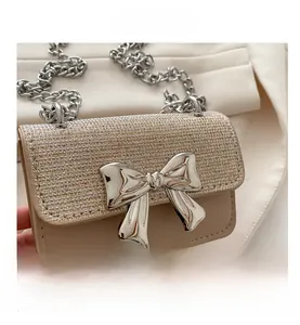 Close-up of mini beige chain bag with silver butterfly buckle and sparkling texture
