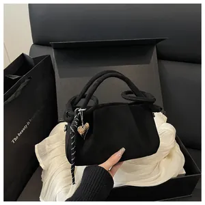 Korean Fashion Pleated Faux Suede Handbag With Heart Charm Knotted Handle For Women Shoulder Crossbody Bag Retro Daily Bag