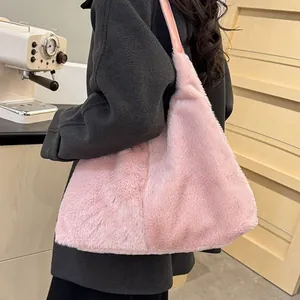Sac fourre-tout rose en peluche, grand sac à épaule en fausse fourrure pour automne hiver