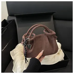 Retro dark brown pleated handbag with round handle and silver heart charm pendant