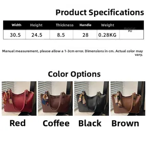 Detailed chart showing PU leather tote bag dimensions and four available color options