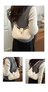 Detailed views of a white crescent shoulder bag with golden metallic buckle and strap