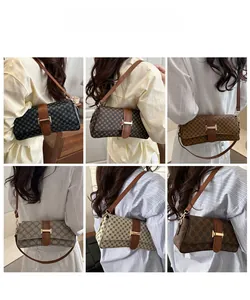 Detailed model views of printed crossbody bags with various vintage pattern colors