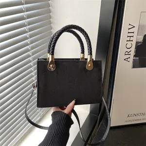 Vintage Clover Embossed Crossbody Bag For Women Faux Suede PU Leather Handbag With Woven Handle Fashion Square Shoulder Bag