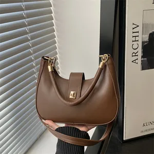 Women Minimalist Half Moon Crescent Bag Luxury PU Leather Shoulder Crossbody Bag With Golden Metal Lock Fashion Handbag