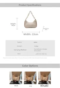 Detail of woven straw crescent bag with gold chain strap showing dimensions and color options