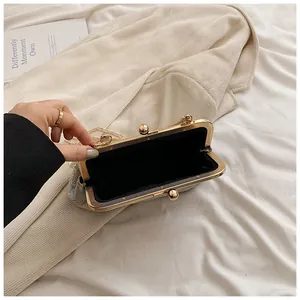 Detailansicht des goldenen Bügelverschlusses und des schwarzen Samtinnenfutters der Tasche