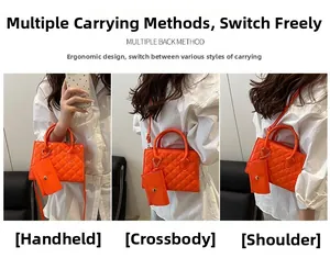 Borsa a mano trapuntata arancione con mini pochette che mostra vari modi di essere indossata