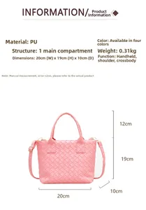 Detailed technical specification diagram showing size and material of pink woven handbag