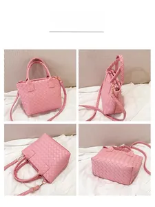 Detail views of a pink woven Boston bag showing four angles and adjustable shoulder strap