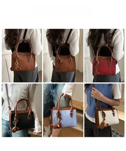 Collage of chic leather crossbody square bags with cherry charms in multiple colors