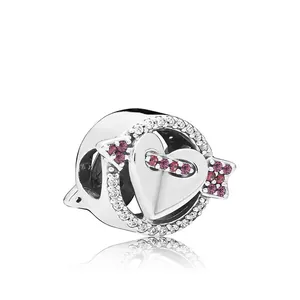 Alloy Cupid's Arrow Heart Charm Bead With Pink White Rhinestone For DIY Bracelet Jewelry Making Valentine's Day Gift