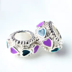 Silver bead charms with colorful enamel hearts and beaded edges for DIY bracelets