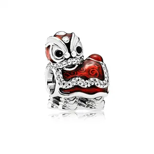 Perlina Charm Danza del Leone in Stile Cinese Lega Smalto Strass Foro Grande per Fai da Te Bracciale Creazione Gioielli Donna