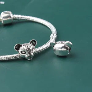 Silver leopard charm snake chain bracelet with cheetah head animal themed pendants