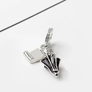 Silver umbrella charm pendant with black enamel and zircons for DIY bracelet