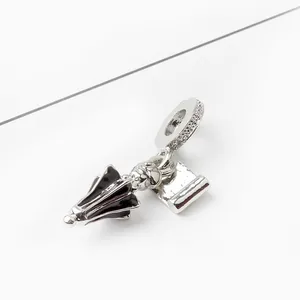 DIY umbrella charm pendant with black enamel and zircon inlay on a silver ring