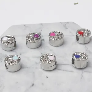 Silver plated DIY heart beads with colorful oil drips and rhinestones for jewelry making