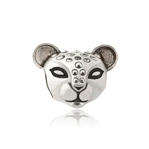 Silver leopard bead charm with black enamel eyes and fine texture for DIY bracelets