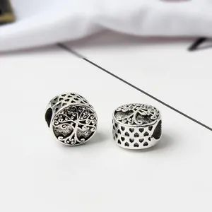 Vintage silver tree of life charm bead with hollow heart patterns for DIY jewelry making