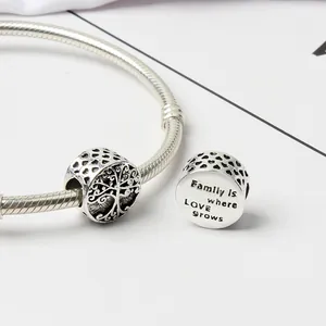 Silver Tree of Life and Family Love heart charm beads on a snake chain bracelet