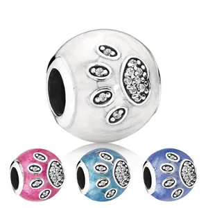 Alloy Animal Paw Print Charm Bead With Rhinestone Enamel Pet Footprint Large Hole Beads For DIY Bracelet Jewelry Making