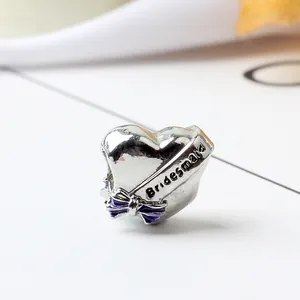 Breloque cœur en argent avec gravure Bridesmaid et nœud violet pour bracelet DIY