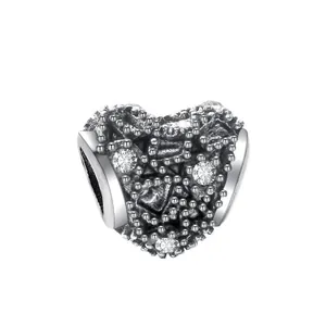 Vintage Antiek Zilver Kleur Legering Hart Bedel Kraal Heldere Zirconia Kralen Textuur Groot Gat Bedel Voor DIY Armband Vrouwen Sieraden