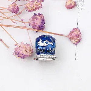 Blue enamel Christmas reindeer bead charm in 925 silver with sparkling zircon stones