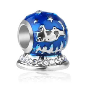 Blue Enamel Reindeer Star Moon Alloy Zirconia Charm Bead For DIY Bracelets Christmas Jewelry Gift For Women Fashion Accessory
