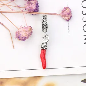 Red enamel chili pepper charm pendant with silver large hole bead for DIY bracelets