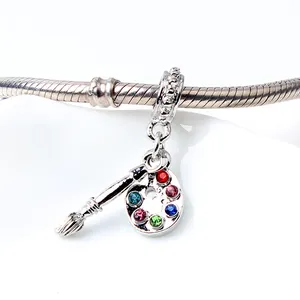 Artistic painter palette charm with colorful crystals and brush on silver snake chain
