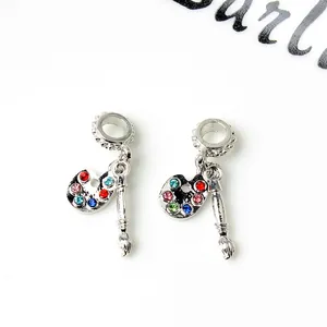 Silver palette and brush charm with multi-colored rhinestones for DIY bracelets
