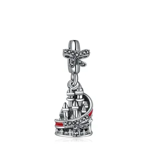 Vintage Alloy Red Enamel Castle Charm Pendant With Rhinestone Bowknot For DIY Bracelet Necklace Jewelry Making Women Kids