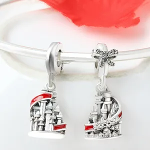 Red enamel castle charms with bow hook on silver bracelet for Christmas