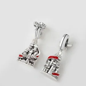Silver Christmas castle pendant charm with red enamel and shimmering cubic zirconia