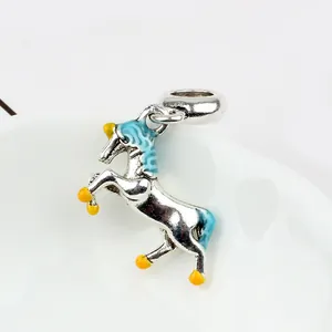 Silver unicorn pendant with blue enamel mane and tail for DIY jewelry and bracelets