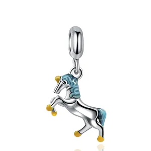 Polished silver unicorn charm with blue enamel mane and yellow hooves for DIY bracelets