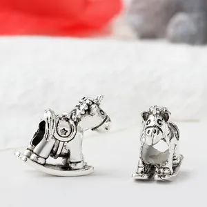 Vintage silver rocking horse beads with star engraving for DIY jewelry charm bracelets