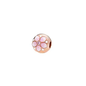 Rose gold sphere charm with pink enamel cherry blossom and zircon for DIY bracelets